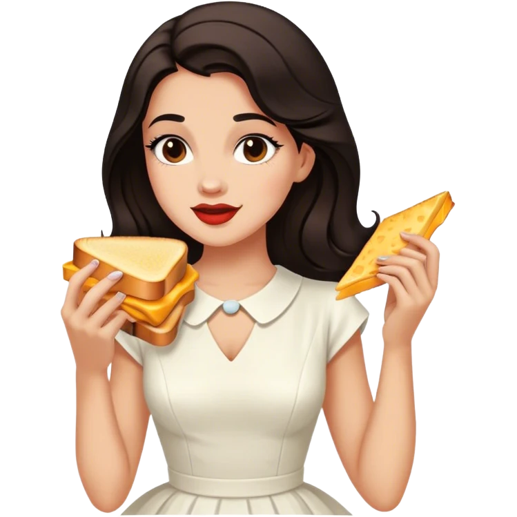 Beautiful woman in 1950’s woman fashion look, white dress, long dark brown hair, grilled cheese sandwiche emoji