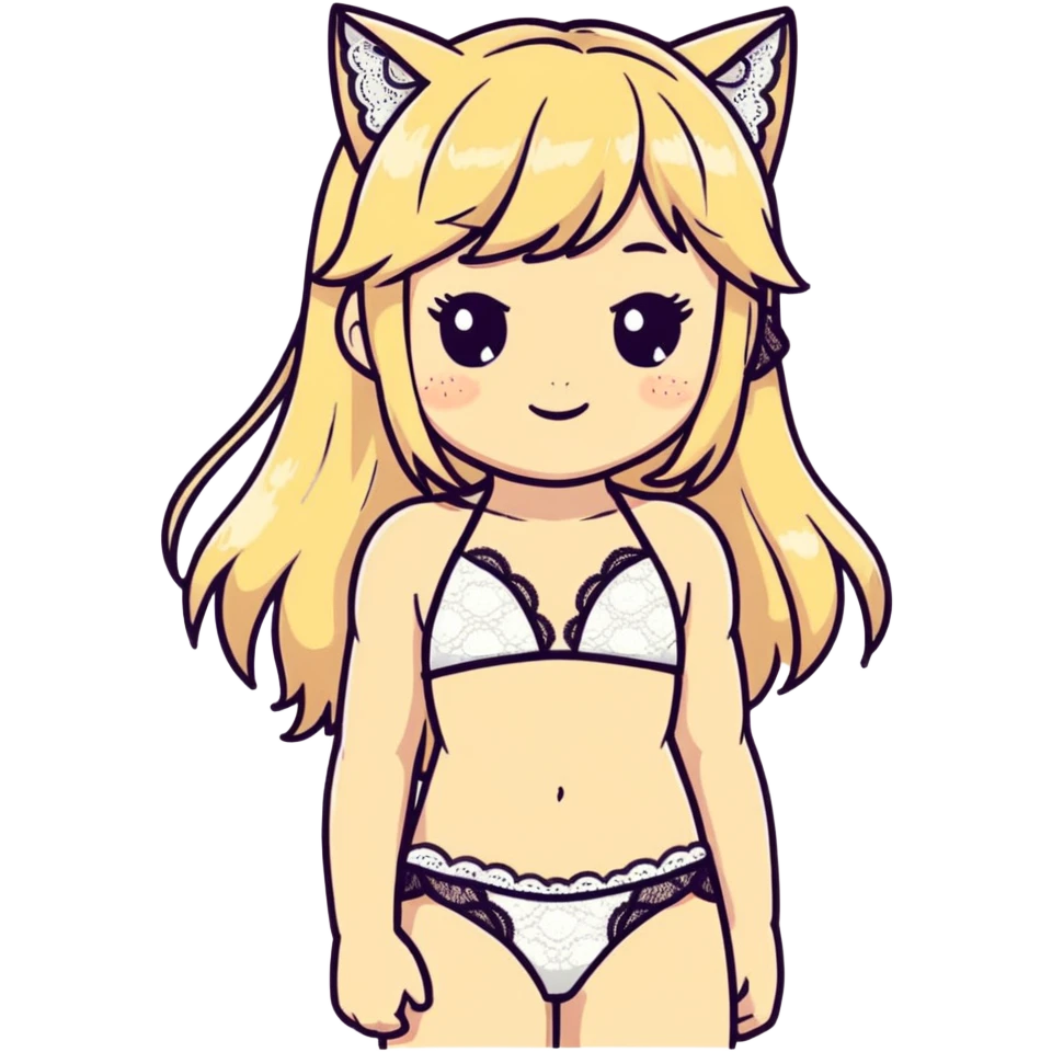flirty petite blonde catgirl woman long hair freckles shy lace white bikini emoji