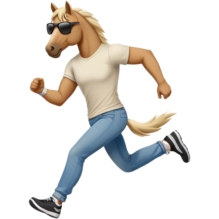 friendly anthropomorphised stallion in jeans and a t-shirt, wearing dark sunglasses, jogging upright in relaxed pose emoji