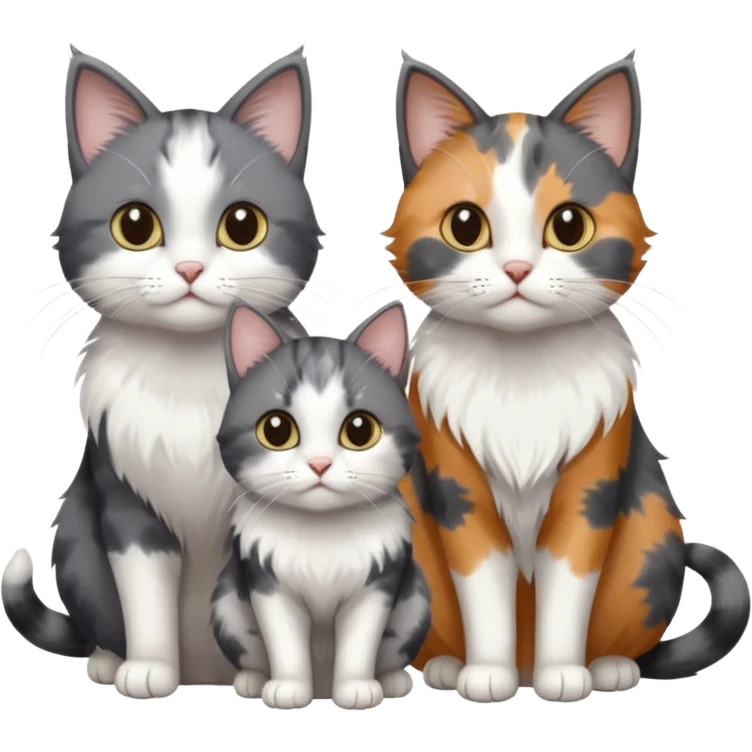 3 different coloured small cats including a dark grey and white, and a patchy calico and a solid grey with only white paws emoji