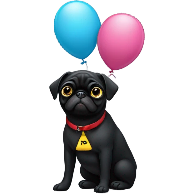 Black pug  and a ballon that says  “I’m sorry” emoji