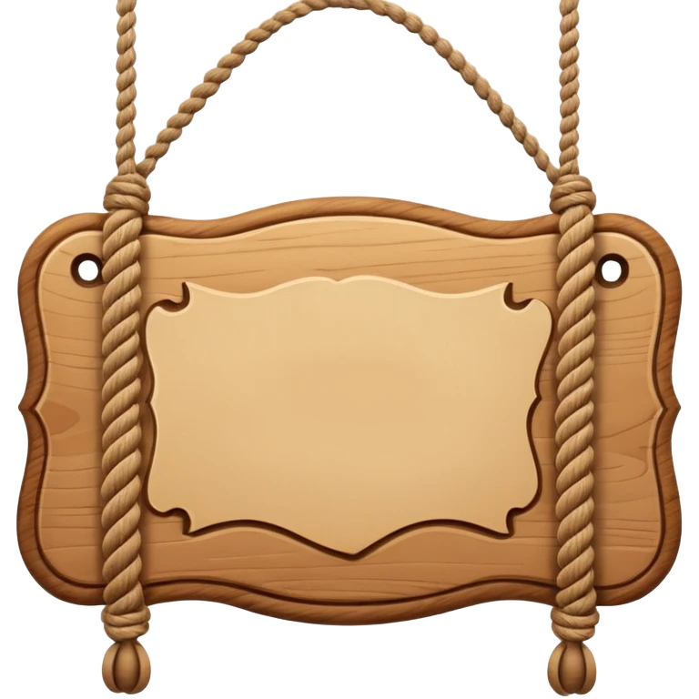 3D cartoon style wooden hanging signboard, smooth polished wood texture, rounded edges, detailed wood grain, thick twisted ropes going through holes on both sides, hanging rope knots visible emoji