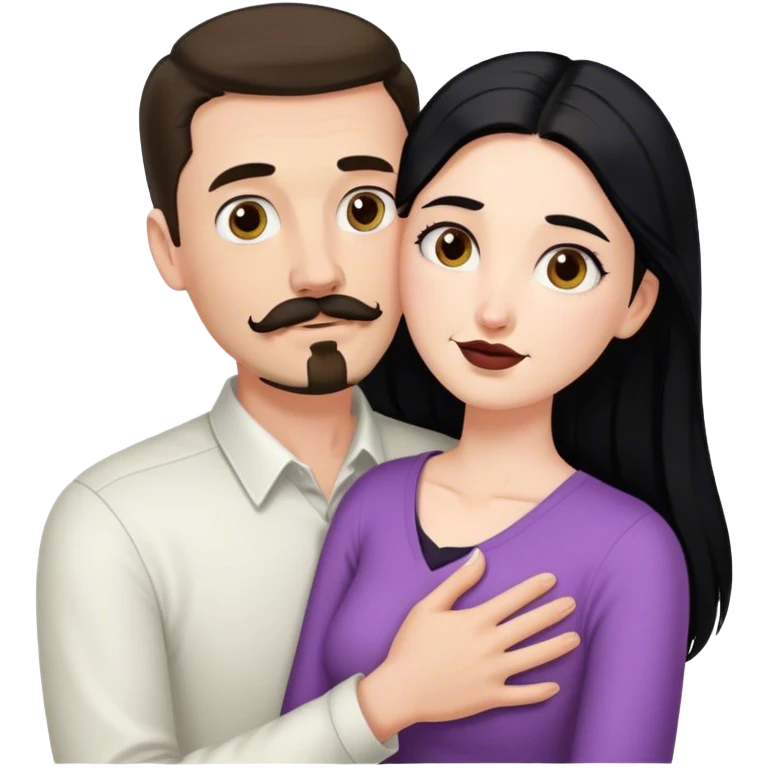 Tall white man with dark brown mustache and goatee hugging a short pale woman with long black hair emoji
