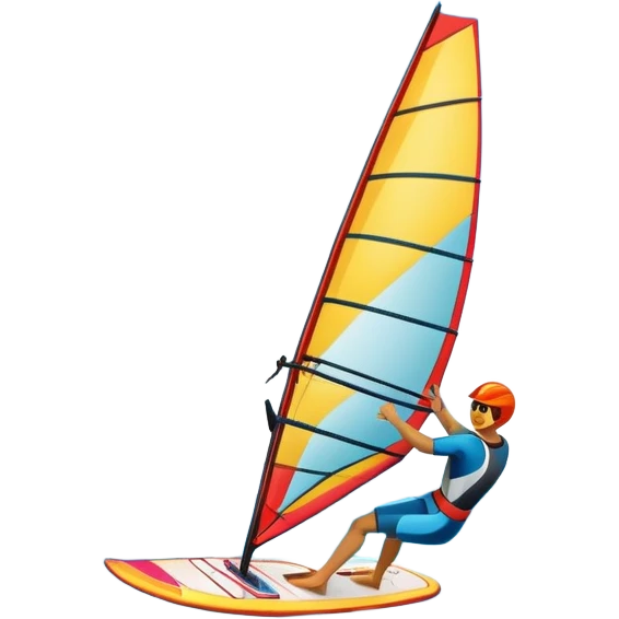 A windsurfer gliding across the ocean, with a vibrant sail catching the wind. The scene captures the motion of the board riding the ocean waves, surrounded by the bright blue sky and ocean, symbolizing the excitement and skill required in the sport of windsurfing. emoji