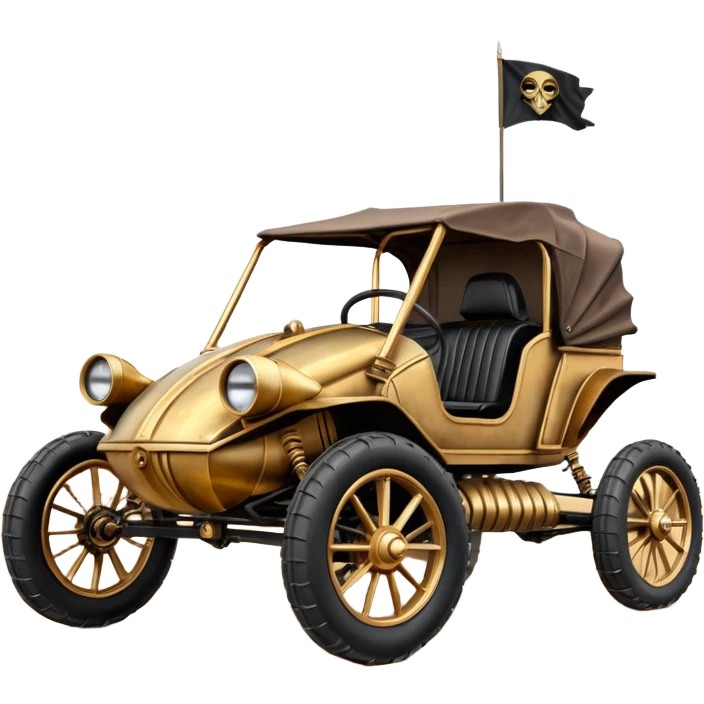 Old American West tarnished C-3PO bounty hunter 1854 delicately ornate rosegold accents painted dune buggy buckboard wagon powered by electric motors and batteries with safety features and belts flying rapidly across rough dusty terrain stable on strong agile futuresteampunk suspension and steering  emoji