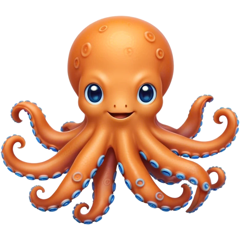 Cinematic Cute smiling Octopus Portrait Emoji, Head tilted playfully and inquisitively, featuring a rounded, light orange body embellished with playful blue rings, eight adorably curling arms, and big, twinkling eyes full of wonder, Simplified yet irresistibly adorable features, highly detailed, glowing with a warm, inviting underwater glow, high shine, affectionate and lively, stylized with a touch of whimsical cartoon charm, soft glowing outline, capturing the essence of a mischievous yet loving octopus that seems as if it could bob out of the screen into your arms! emoji