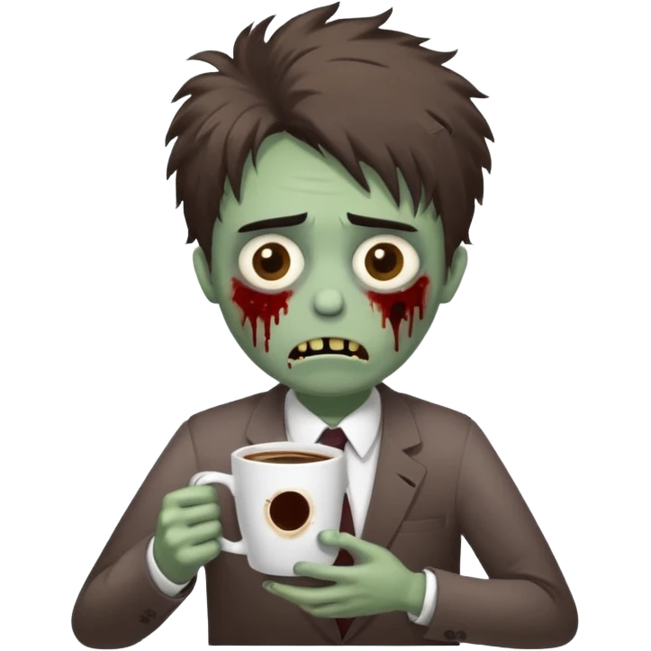 A cute but exhausted office worker character looking like a zombie, holding a giant cup of coffee, dark circles under eyes, messy hair, flat 2D vector art, white background, "Monday Vibes" text. cute emoji