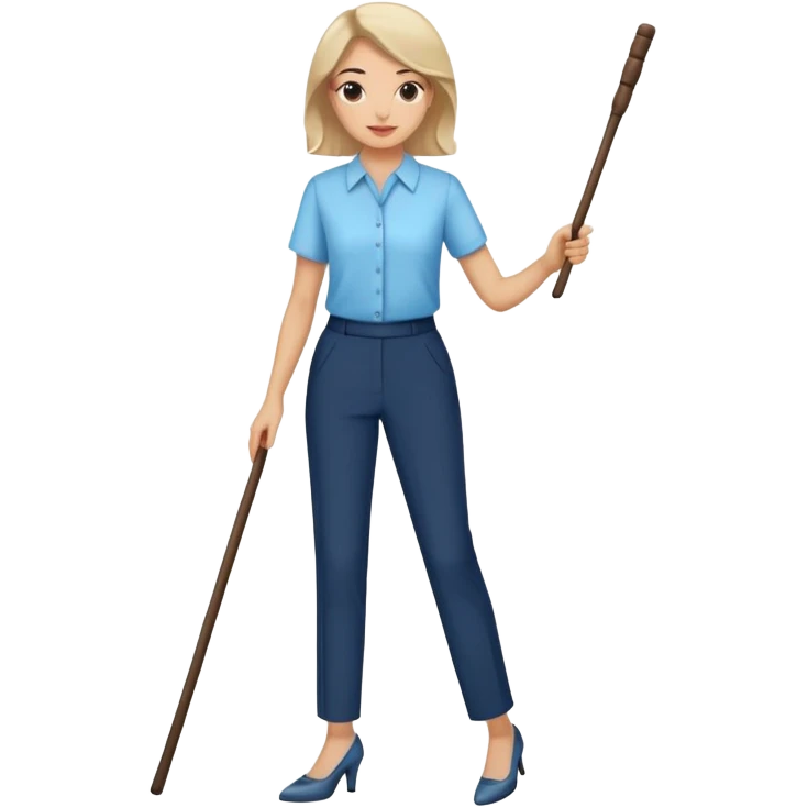 female smart light blue blouse, dark trousers, shoes. one hand holding a stick emoji