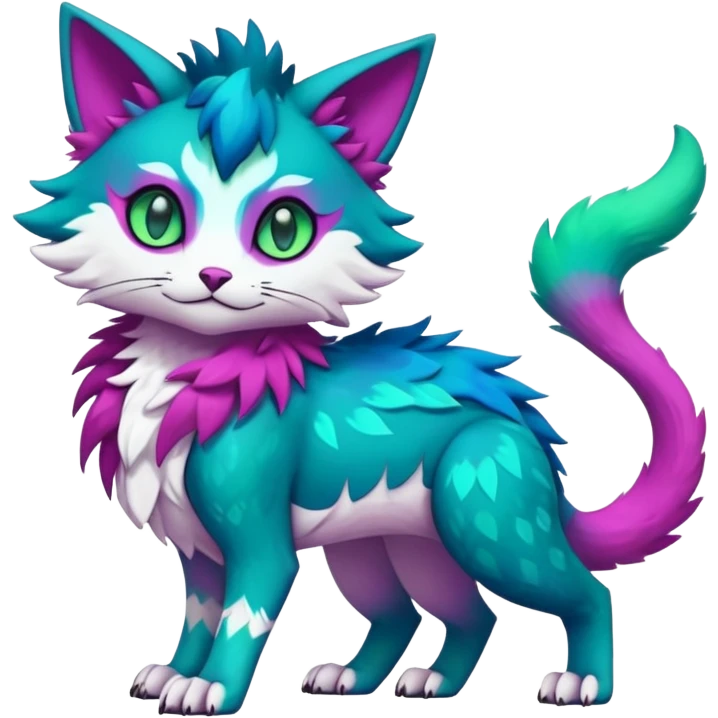 Kawaii cute colorful iridescent deep-dark-turquoise-green and magenta and white beautiful pretty elegant divine edgy feline-vernid-sergal-Fakémon-Pokémon-fursona-animal-creature with accessories, full body, with intricate detailed markings emoji