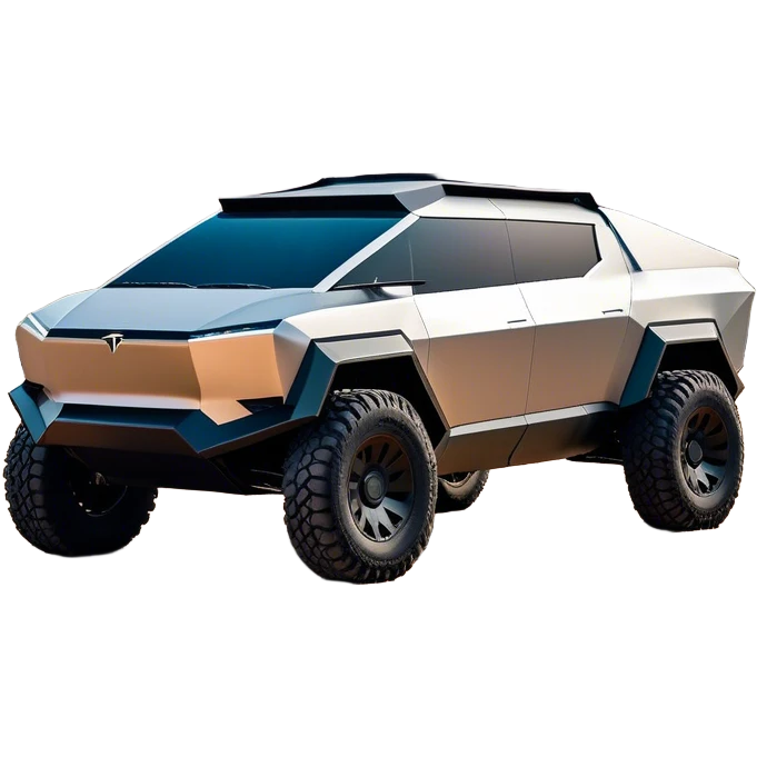 Tesla Cybertruck - A futuristic Tesla Cybertruck, angular and geometric with a sharp, triangular body shape. Stainless steel exoskeleton with a raw, unpainted, brushed-metal finish. A sleek, narrow LED light bar stretches across the entire front. Large, rugged off-road tires with exposed wheel arches. Smooth, handle-free doors and a slanted, armored rear with a retractable tonneau cover. Rear LED strip mirroring the front. The vehicle looks like a sci-fi-inspired, bulletproof stealth tank on wheels, set in a high-tech urban environment at sunset, with reflections on its metallic surface. emoji