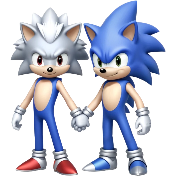 Blue Sonic the Hedgehog and silver-colored Silver the Hedgehog holding hands together side by side emoji