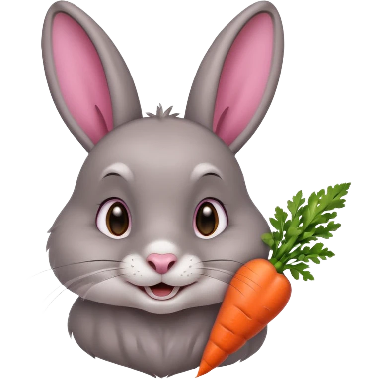 Head of a grey rabbit, grinning, holding a carrot close to face
 emoji
