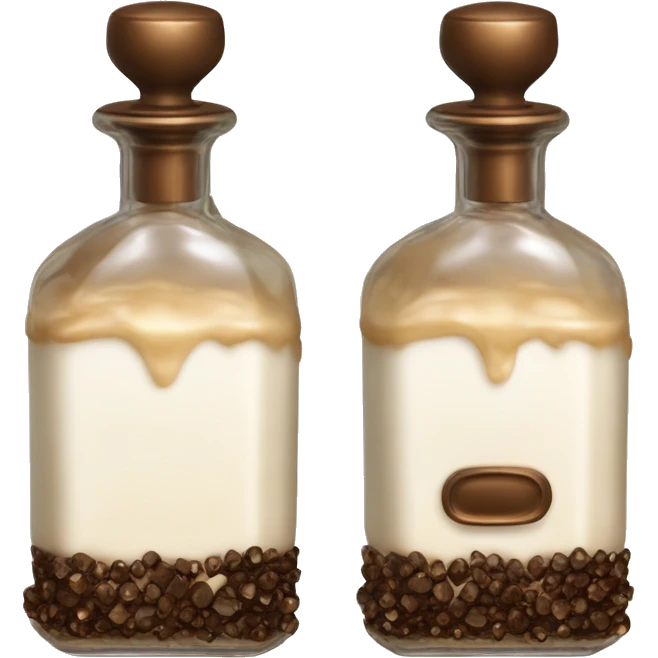 Antique parfumerie bottle with oil, made of bronze and brown crystals, white cream and coffee milk pour from the bottle emoji