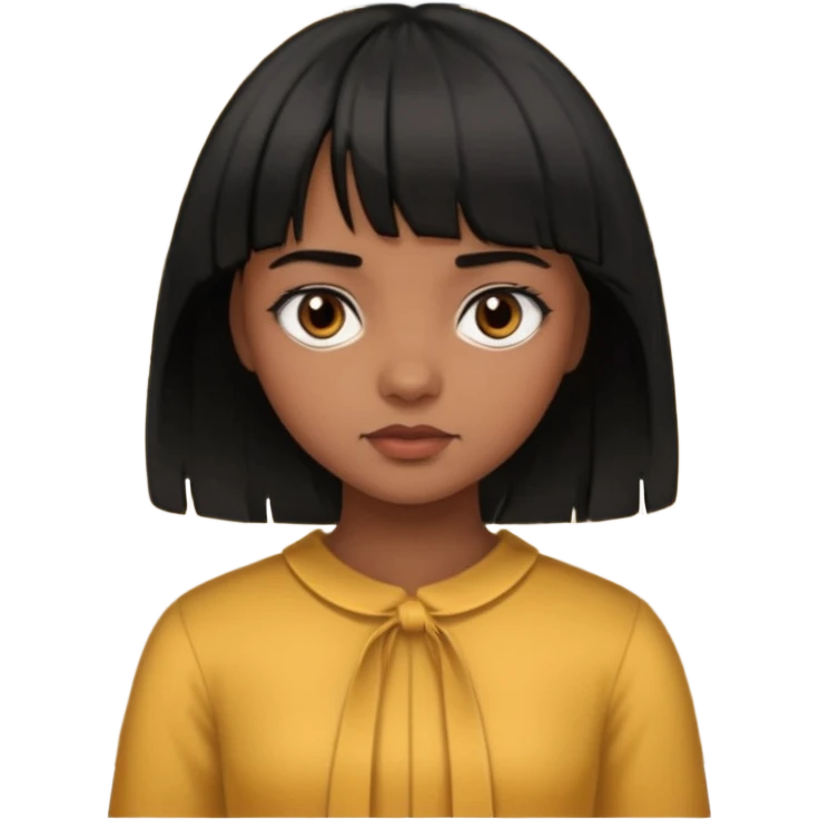 Girl that has a short black hime cut with curtain bangs, then dark brown eyes, and has a bit brown skin emoji