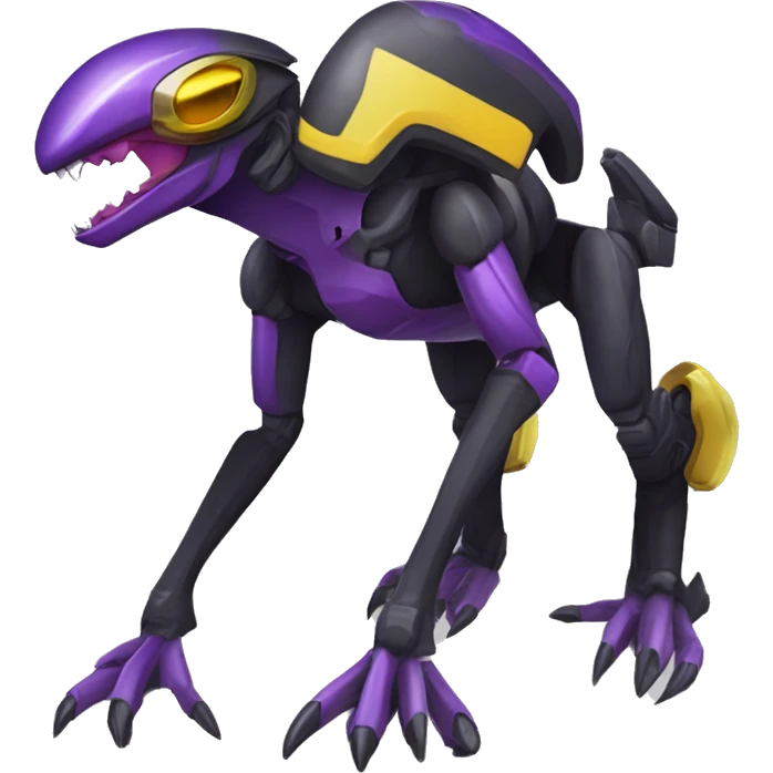 a shiny black-purple-yellow Genesect-Raptor-Fakémon—hybrid with a futuristic visor-helmet full bod emoji
