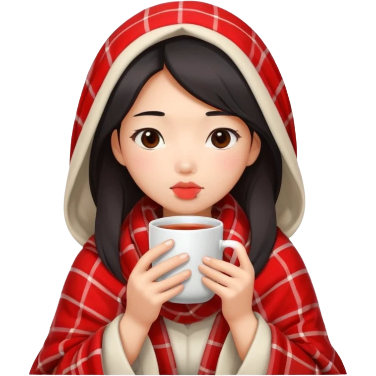 cute and sexy asian girl, feeling sick up, nose and cheecks red by blush, covered by blanket, holding tea mug in hands emoji