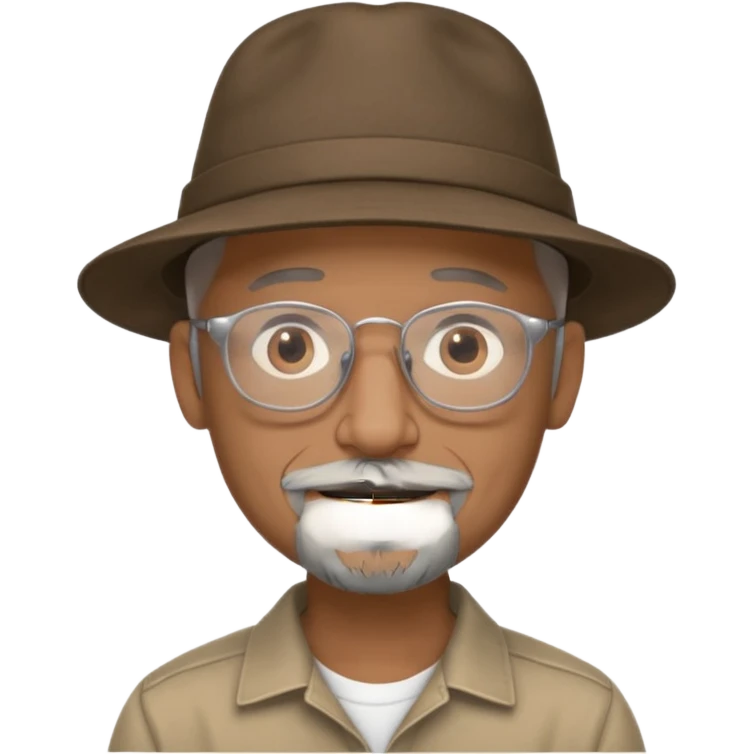 Brown man with wide rimmed hat no hair, gray goatee, clear glasses and slightly smiling emoji