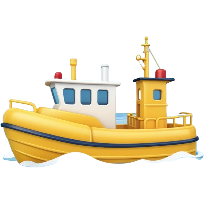 A 3D cartoon tugboat towing another boat on calm blue water, soft waves, clear sky, Memoji-style. emoji