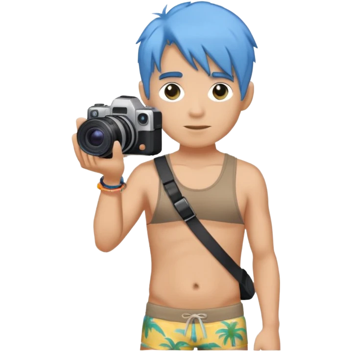 blue hair full body man with camera and beach outfit  standing emoji