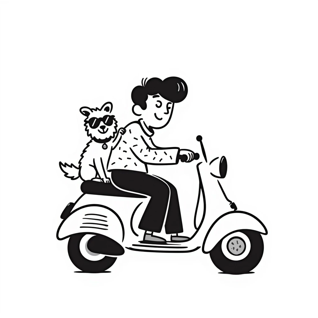 man and his pet dog riding a vespa emoji