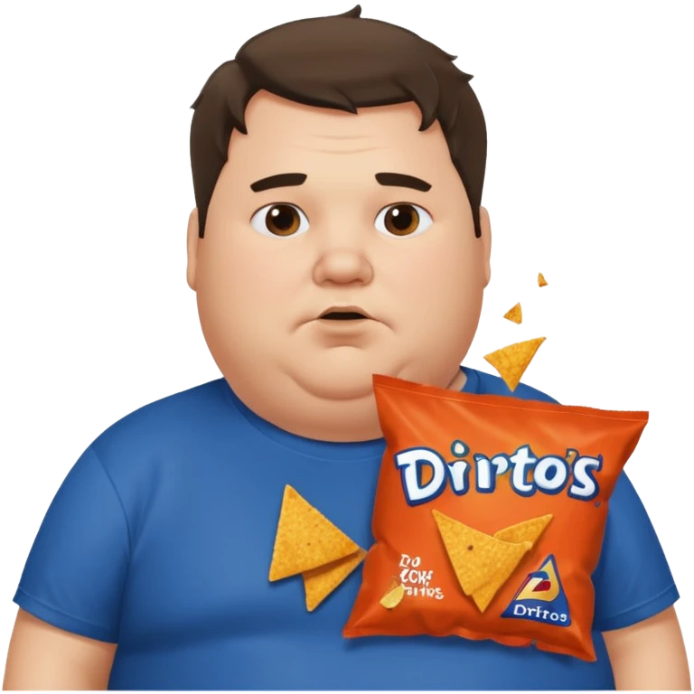 Fat man with greasy hair side part discord t shirt eating doritos emoji