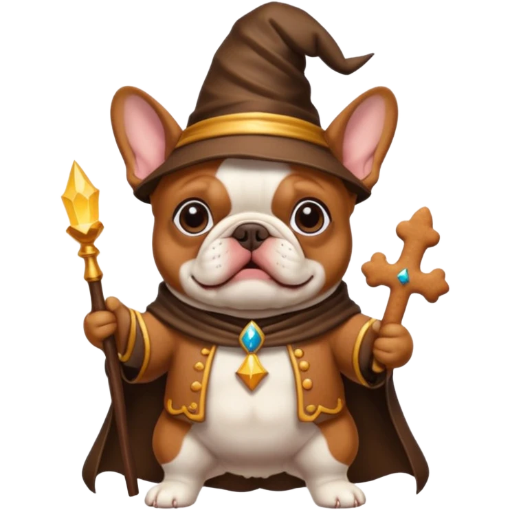 Make a French bulldog wise wizard with the skin tone of a ginger Bread man and with skin on it’s breast  emoji