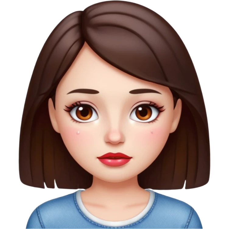 “Emoji brunette girl white top, dewy skin, heavy blush across cheeks and nose bridge, glossy cherry lips, soft eyeliner, teary sparkling eyes like hanni from new jeans emoji