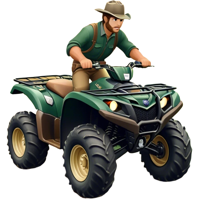 Yamaha Grizzly 700 (2019) – Cinematic-realistic Yamaha Grizzly 700 ATV, its dark green frame tearing through muddy trails. Thick off-road tires grip the rugged terrain as a farmer rides across the paddock, herding cattle with precision under a golden sunset. emoji