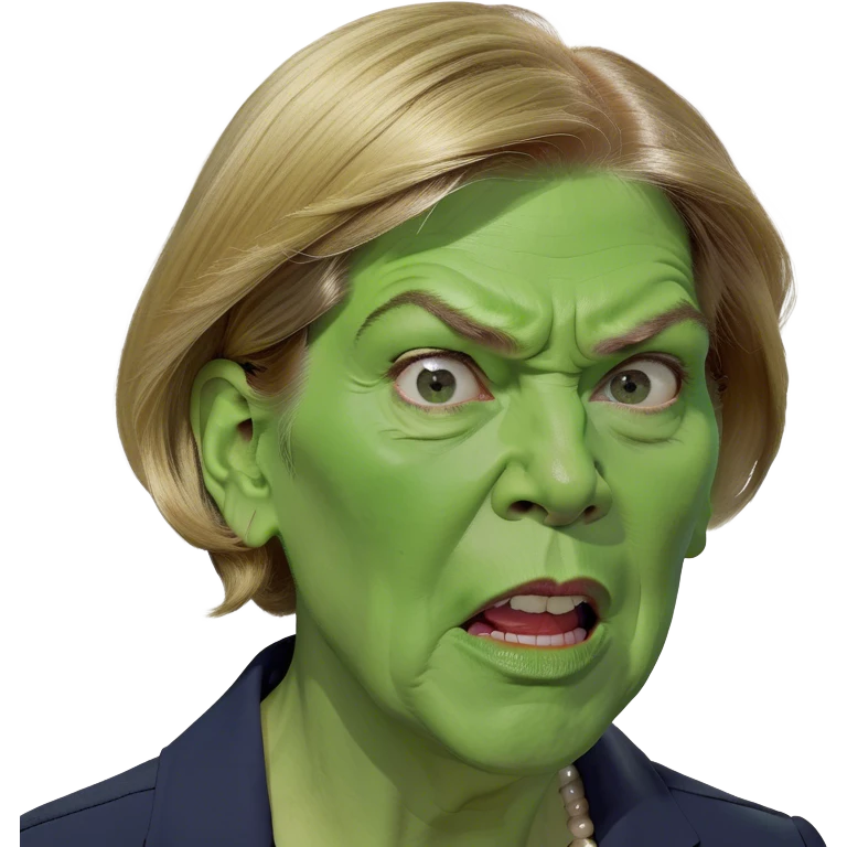 Make a picture of Senator Elizabeth Warren with a traditional Native American headdress make it realistically cartoonish without the braids really accentuate  her wrinkles make her hair blonder and get rid of the headdress besides make her look extremely afraid emoji