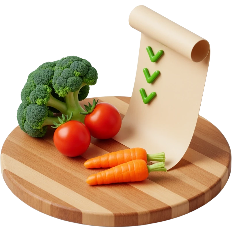 carrot tomato brocoli on the wooden cutting board with floating rolled paper list with green checkboxes emoji