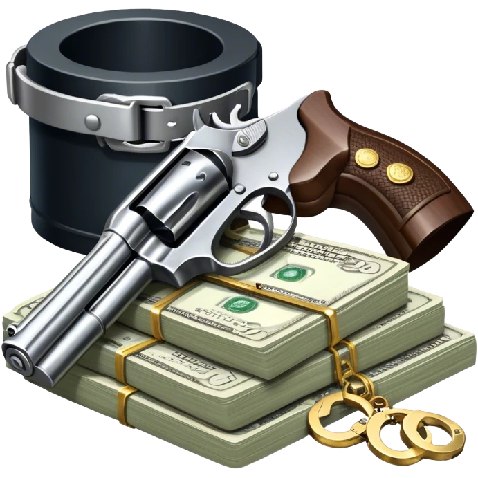 Icon for Action & Crime Reading: an open book, a revolver, handcuffs, a stack of cash. Surrounding elements include a dark alley, a police badge, and a pair of sunglasses. The icon should evoke tension, suspense, and action. Transparent background. emoji