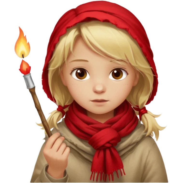 A little girl with messy blonde hair, wrapped in a thin scarf, lighting a match with shaky hands as warm light reflects in her eyes.
 emoji