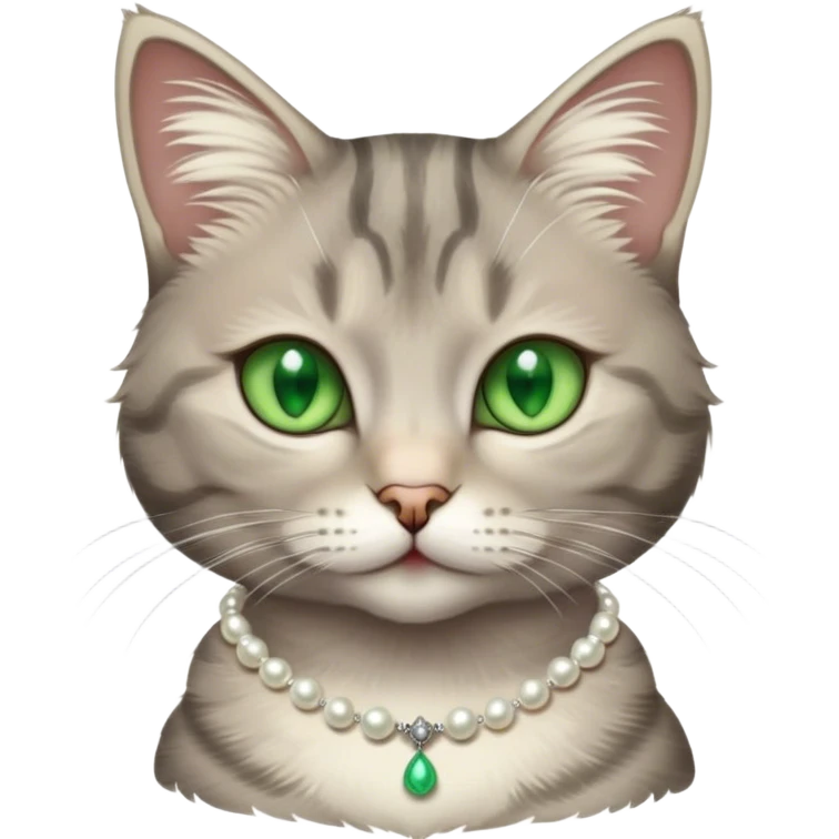 fluffy light grey tabby cat with green eyes, white tummy, and a pearl necklace  emoji