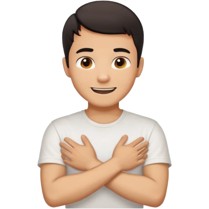 Man with hands gripped around neck crossed like he is choking while smiling emoji