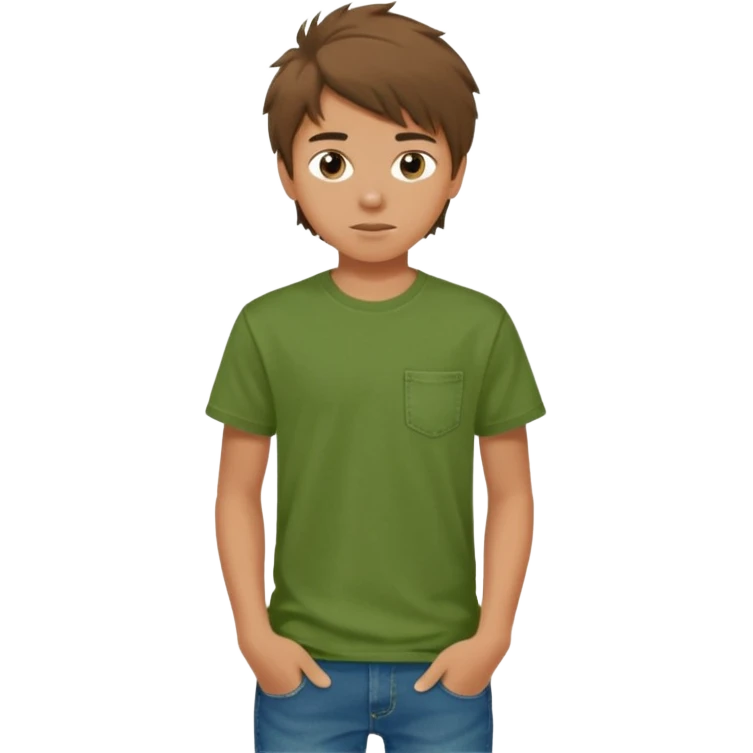 A 14 yerar old teenage boy, slightly tanned, wearing a green tshirt, blue jeans and green sneakers with brown tousled hair emoji