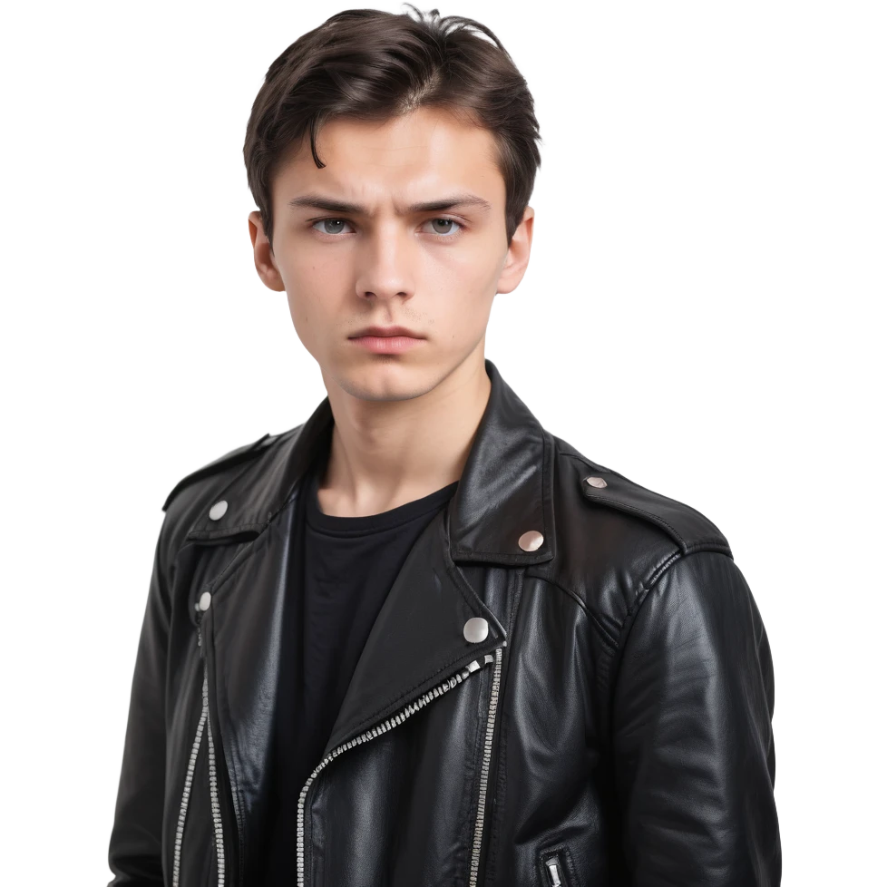 Danila Bagrov from Brother 2 movie, young Russian man with short dark hair, serious expression, wearing black leather jacket emoji