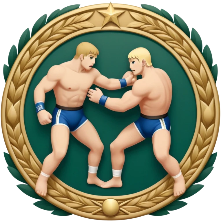 An icon symbolizing wrestling combat sports in the style of an emblem. The design features two wrestlers locked in a powerful grapple, one attempting to take the other down. Surrounding the scene are stylized elements like a championship belt, wrestling mat, and a laurel wreath.  emoji