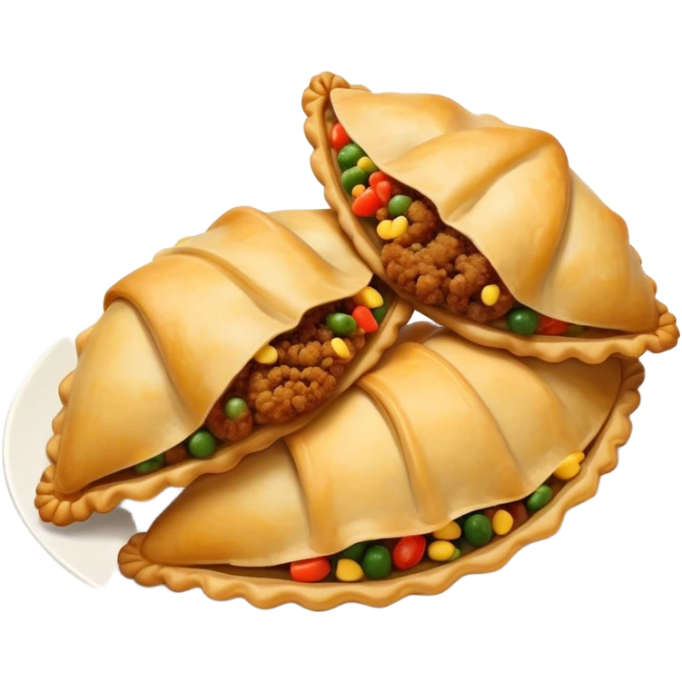 Cinematic Realistic Empanadas Dish Emoji, showcasing crispy fried turnovers filled with spiced meat and vegetables rendered with rich textures and dynamic, appetizing lighting. emoji