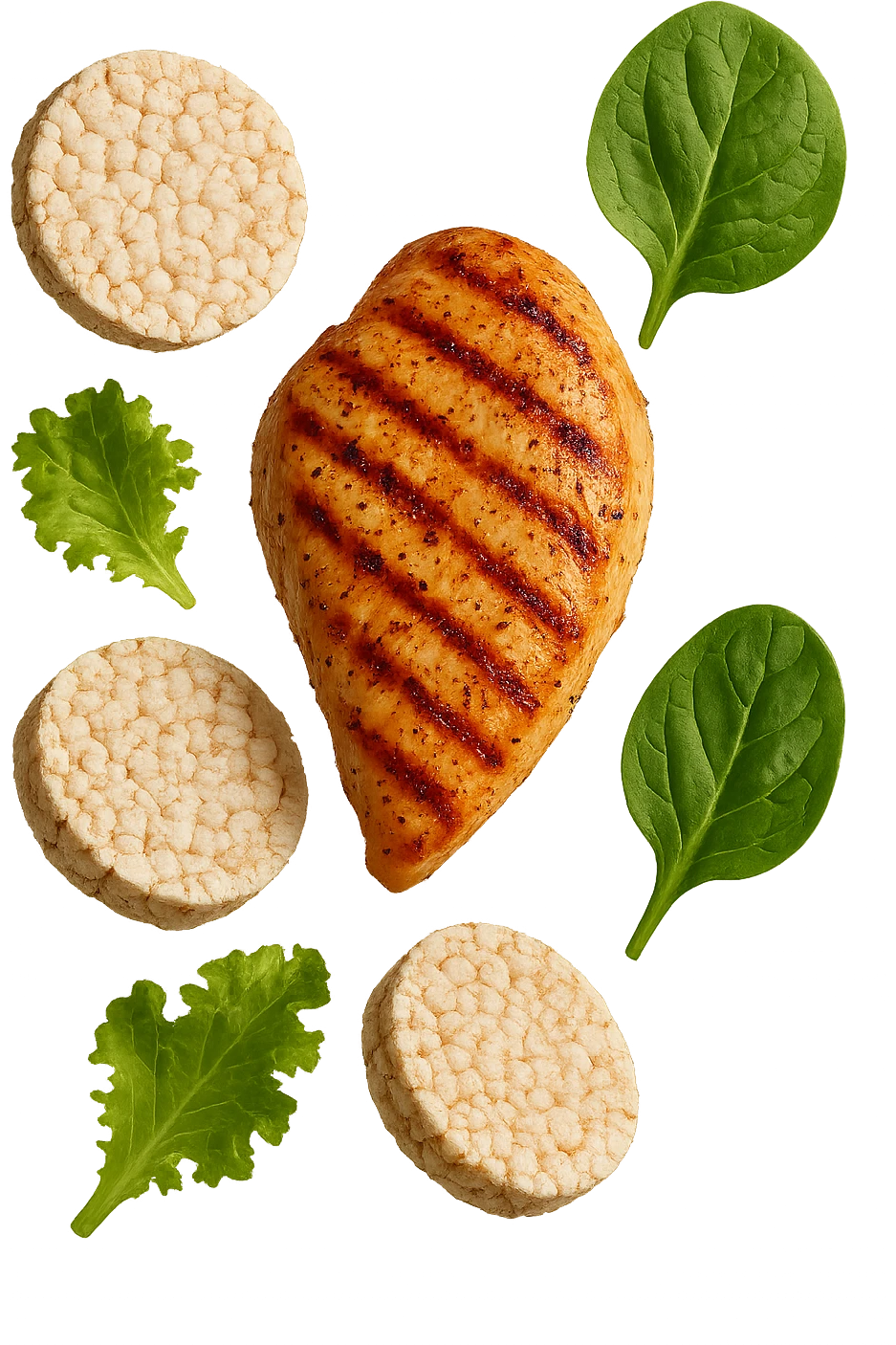 petto di pollo grigliato fluttua in aria insieme a gallette di riso e foglie di insalata, iperrealistico 4k emoji