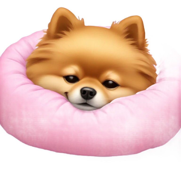 Sleeping Pomeranian in pink dog bed emoji