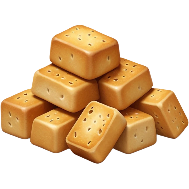 4 golden-brown croutons, irregular shapes, crispy, dry, textured, warm golden-brown gradient, herb flecks, 3D, clean, soft lighting, gentle shadows, transparent background, emoji scale emoji