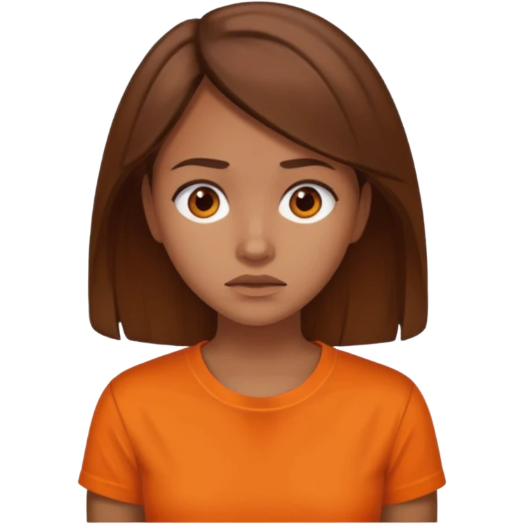 25 year old woman in orange shirt, she looks like she is in pain. She has brown hair emoji