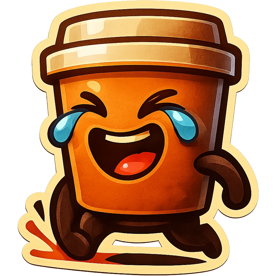 Tall coffee cup, laughing hard, tears in eyes, pounding ground, dramatic laugh emoji