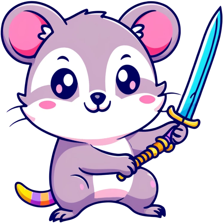 A colorful possum holding a glittery sword, rainbow sparkles, vibrant neon colors, cute big eyes, with stars and hearts background emoji