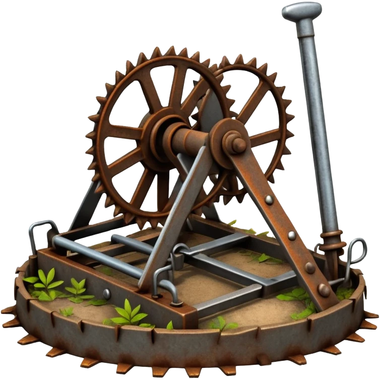 Realistic rusty bear trap open on forest ground, sharp metal jaws, detailed steel texture, natural lighting emoji