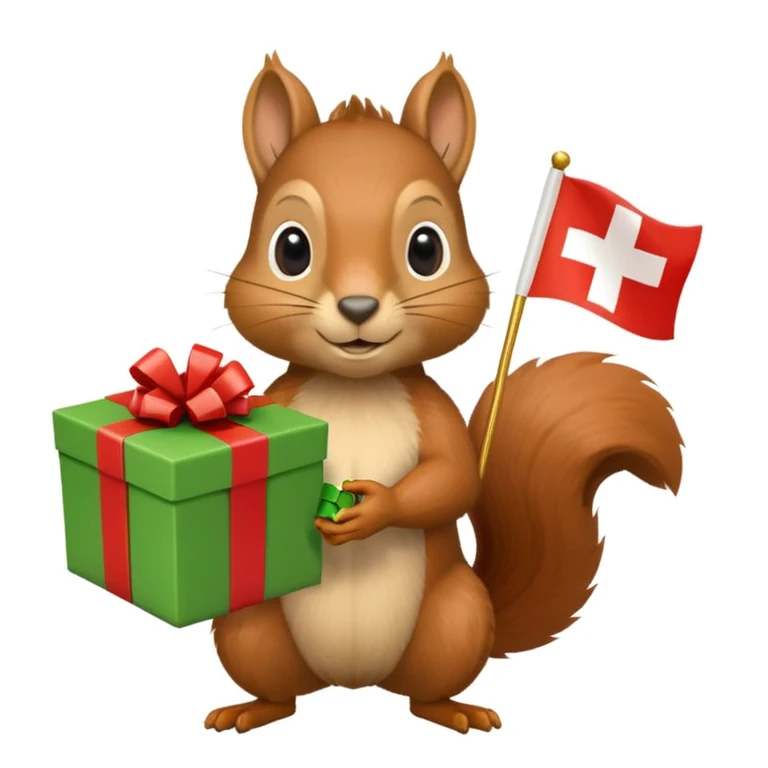 a squirrel holding a green gift box in one hand and a Swiss flag in the other, both objects clearly visible, simple white background, the gift is a different color from the flag emoji