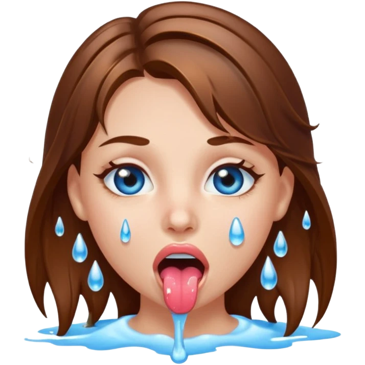 Girl with brown hair, blue eyes, a wet face and her tongue out. Can you make her face more wet? Can you add clear water droplets on her face and tongue? No water below her. Just on her face, hair and tongue. Can you make the water more slimy  emoji