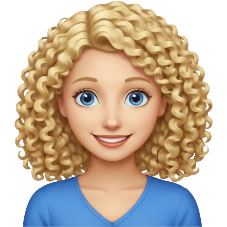 Woman with blonde curly shoulder-length hair, big blue eyes, wide smile emoji