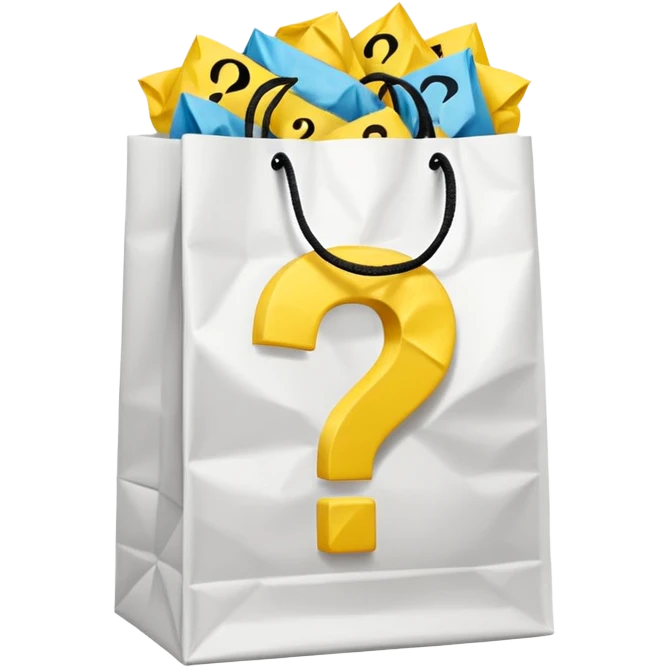 white goodiebag with yellow questions mark boxes stuffed in it emoji