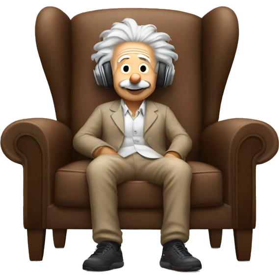 albert einstein happy listening music with just wireless headphones while sitting on the brown chair emoji